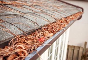 A closeup of a brown rain gutter full of leaves in Seattle, WA