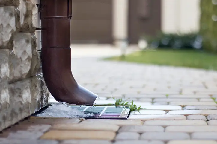 A downspout hangs above a drainage system on a Woodinville, WA home.